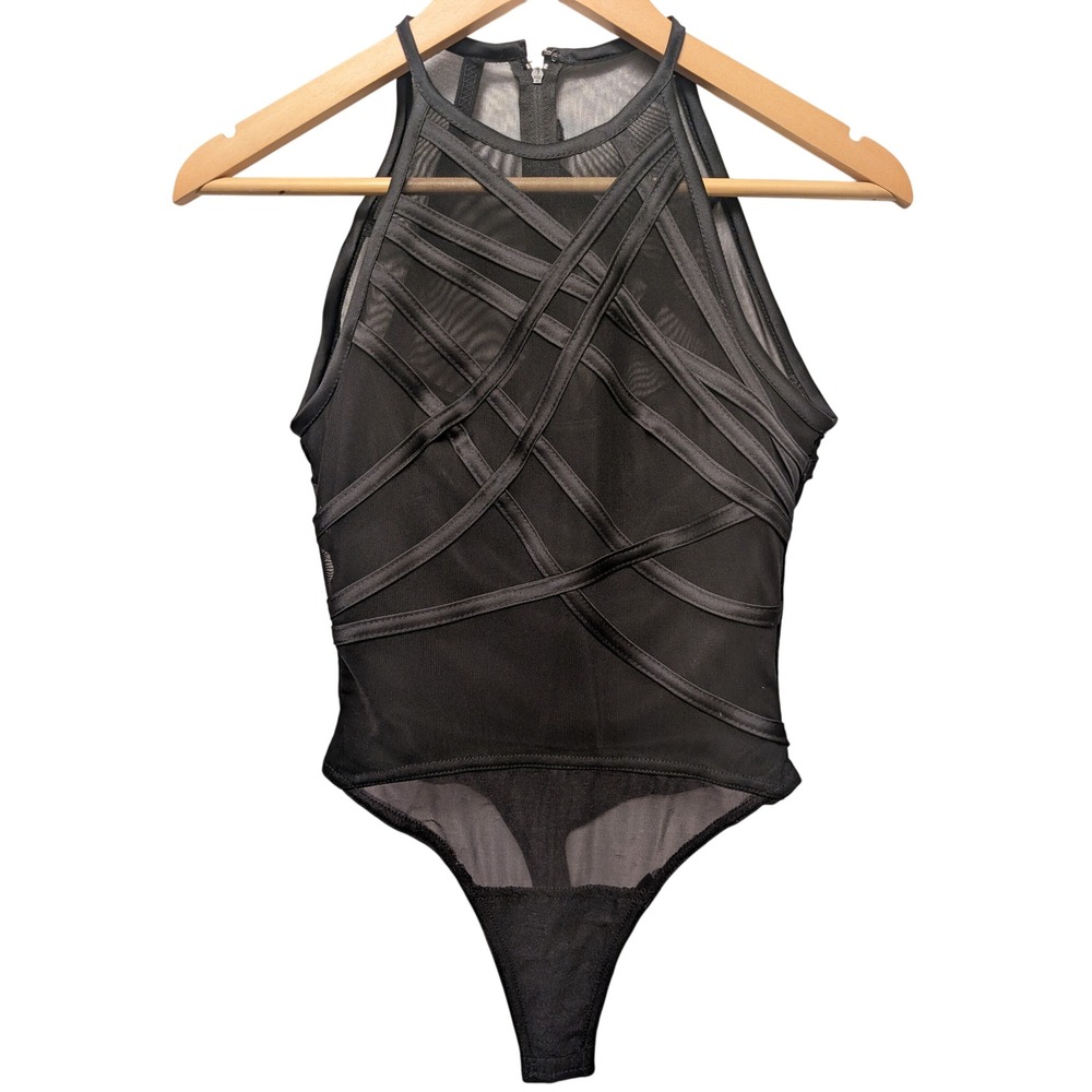 Tadashi Shoji Saks Fifth Avenue Mesh Satin Bandage Bodysuit Edgy Clubwear Y2K